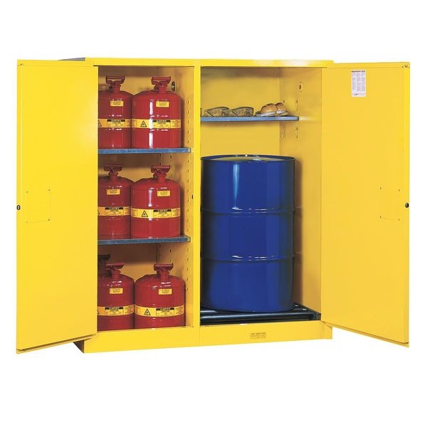 Justrite Flammables Safety Cabinet, 115 gal, 3 Shelves, Steel, 59 in W x 65 in H x 34 in D, Yellow - 899260