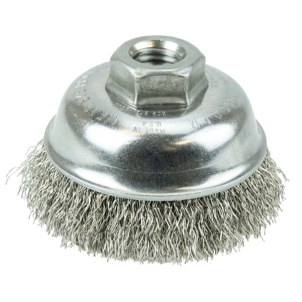 Weiler 3-1/2" Crimped  Cup Brush, .014" Stainless Steel Fill, 5/8"-11 UNC Nut - 13188