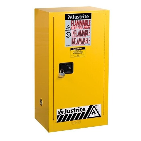 Justrite 20 gal, 2 Shelves, 18-Gauge Steel, 23.25 in W x 44 in H x 18 in D, Yellow - 891530