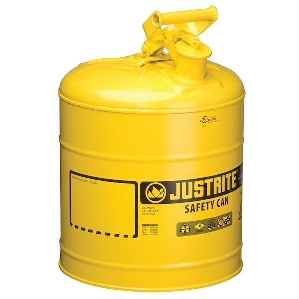 Justrite Safety Can, Steel, 5 gal, Yellow, 11 3/4 in Dia. - 7150200