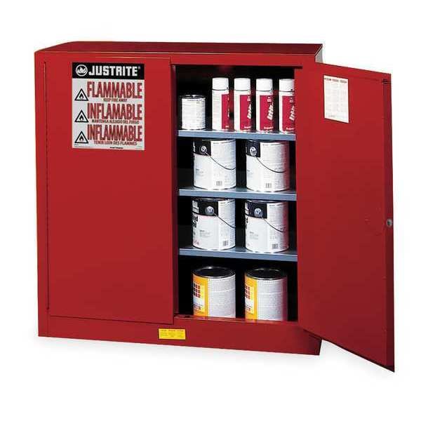 Justrite Flammables Safety Cabinet, 40 gal, 3 Shelves, Steel, 43 in W x 44 in H x 18 in D, Red - 893011