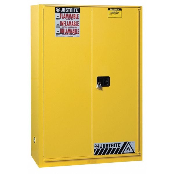 Justrite Flammables Safety Cabinet, 90 gal, 2 Shelves, Steel, 43 in W x 65 in H x 34 in D, Yellow - 899080