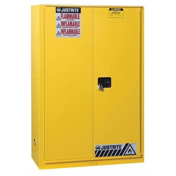 Justrite Flammables Safety Cabinet, 90 gal, 2 Shelves, Steel, 43 in W x 65 in H x 34 in D, Yellow - 899080