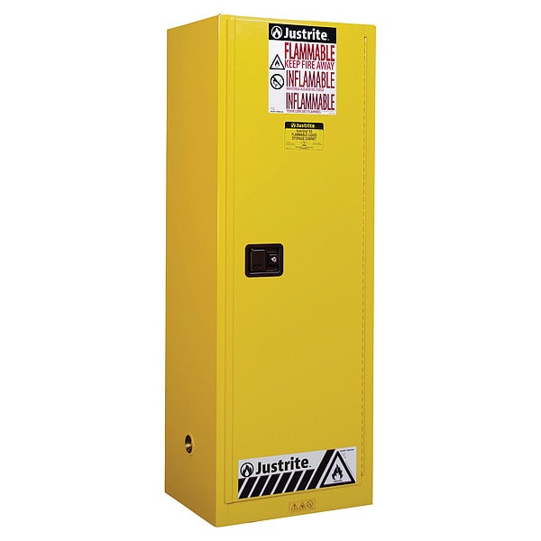 Justrite Flammables Safety Cabinet, 36 gal, 5 Shelves, Steel, 23 1/4 in W x 65 in H x 18 in D, Yellow - 892210