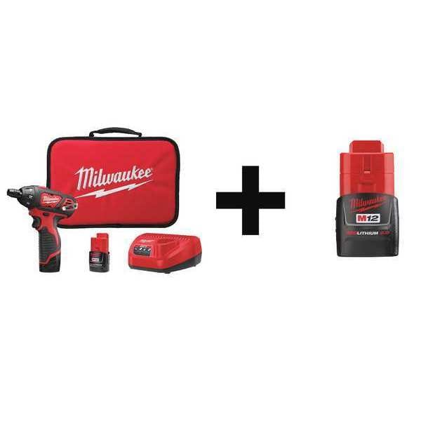 Milwaukee Tool Cordless Screwdriver Kit, Chuck Size 1/4 in, 12 V, Batteries Included - 2401-22, 48-11-2420