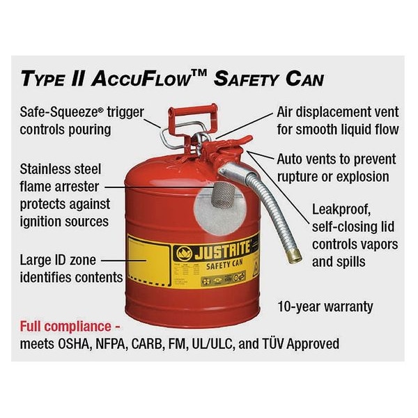 Justrite Type II Safety Can, 5 Gal Capacity, Galvanized Steel, For Flammables, Red, Includes Hose - 7250130