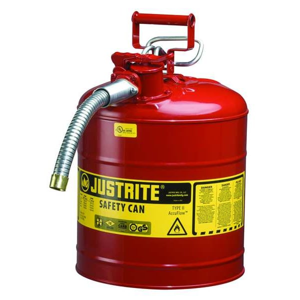 Justrite Type II Safety Can, 5 Gal Capacity, Galvanized Steel, For Flammables, Red, Includes Hose - 7250130