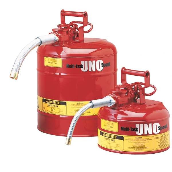 Justrite Type II Safety Can, 5 Gal Capacity, Galvanized Steel, For Flammables, Red, Includes Hose - 7250130