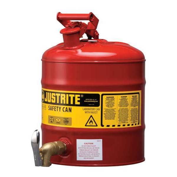 Justrite Safety Can, Steel, Brass, 5 gal, Red, 11 3/4 in Dia., Flammables - 7150150
