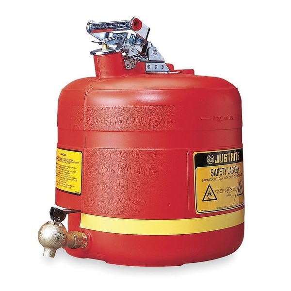 Justrite Safety Can, Steel, Brass, 5 gal, Red, 11 3/4 in Dia., Flammables - 7150150