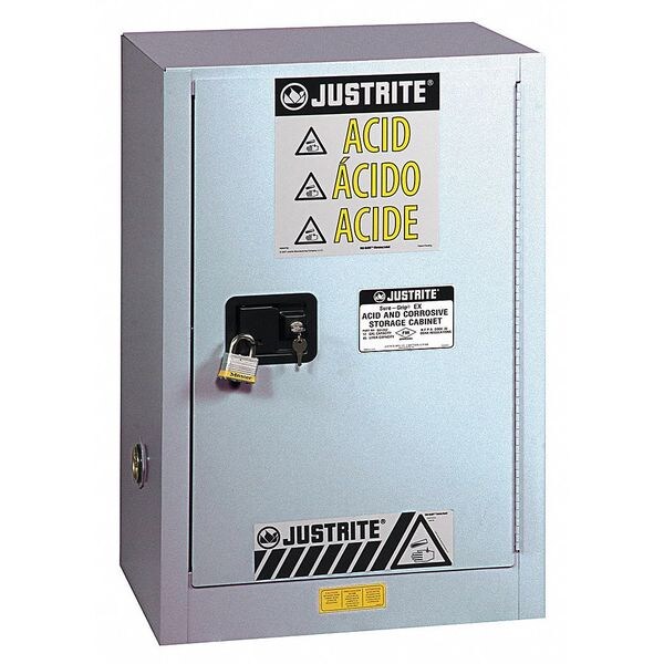 Justrite Corrosive Safety Cabinet, 15 gal, 1 Shelves, Steel, 24 in W x 35-3/4" H x 21-5/8 in D, Silver - 8825242