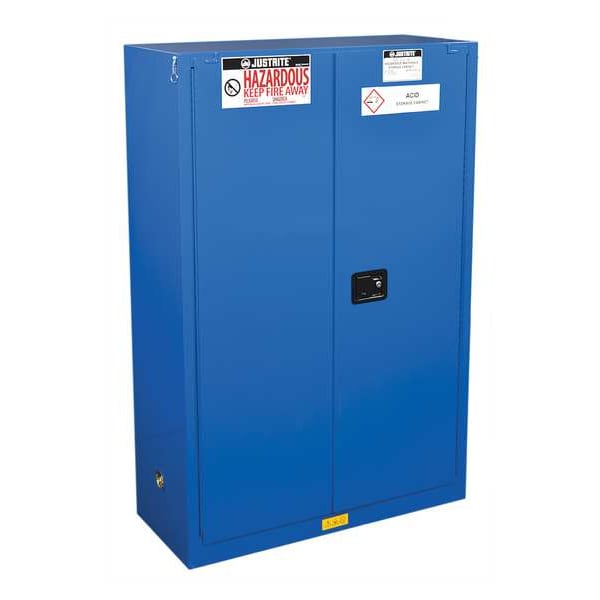 Justrite Hazmat Safety Cabinet, 45 gal, 2 Shelves, Steel, 43 in W x 65 in H x 18 in D, Blue - 864528