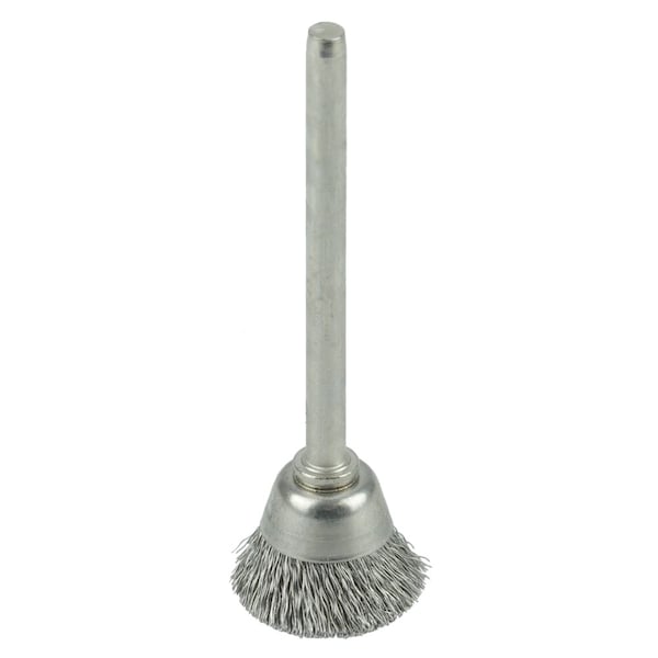 Weiler 5/8" Miniature Wire Cup Brush, .005" Stainless Steel Fill, 1/8" Stem - 26076