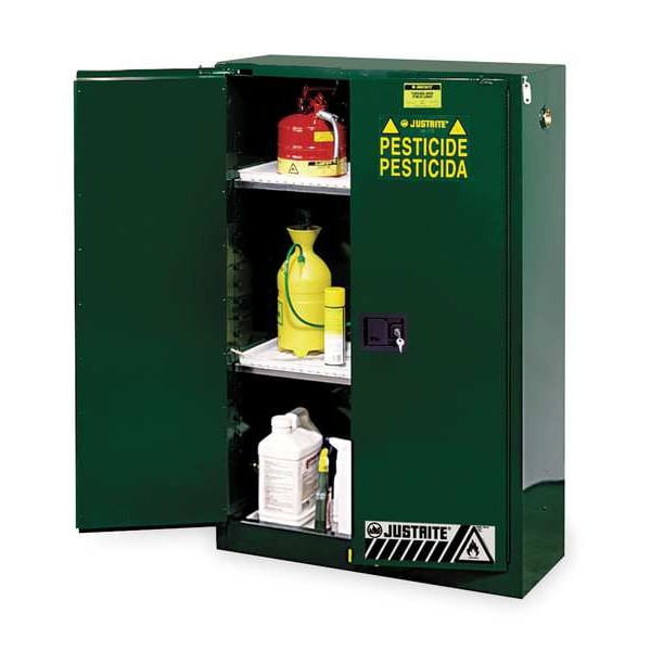 Justrite Pesticides Safety Cabinet, 45 gal, 2 Shelves, Steel, 43 in W x 65 in H x 18 in D, Green - 894504