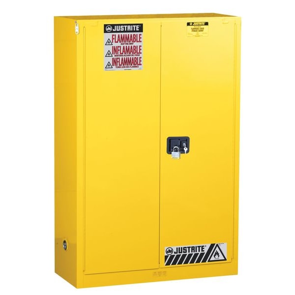 Justrite Flammables Safety Cabinet, 90 gal, 2 Shelves, Steel, 43 in W x 65 in H x 34 in D, Yellow - 899020