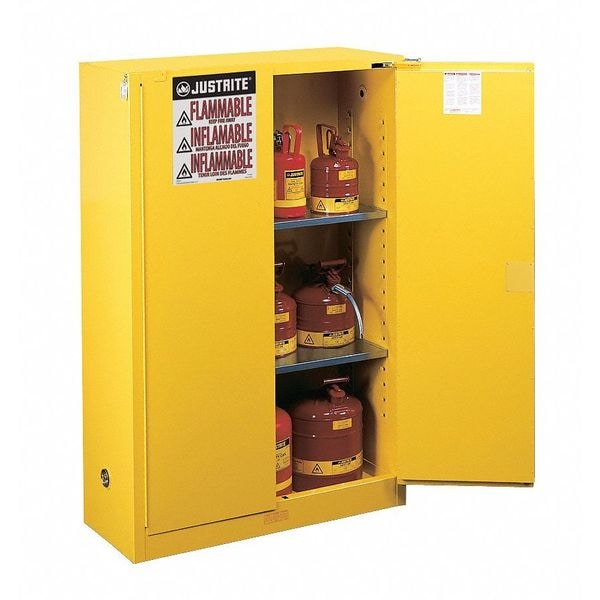 Justrite Flammables Safety Cabinet, 90 gal, 2 Shelves, Steel, 43 in W x 65 in H x 34 in D, Yellow - 899020