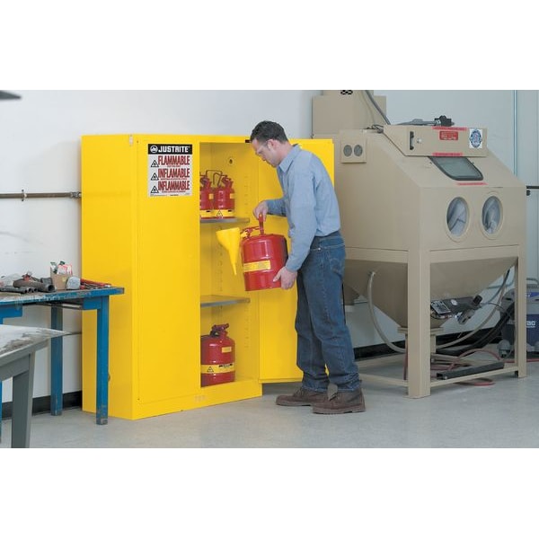 Justrite Flammables Safety Cabinet, 90 gal, 2 Shelves, Steel, 43 in W x 65 in H x 34 in D, Yellow - 899020