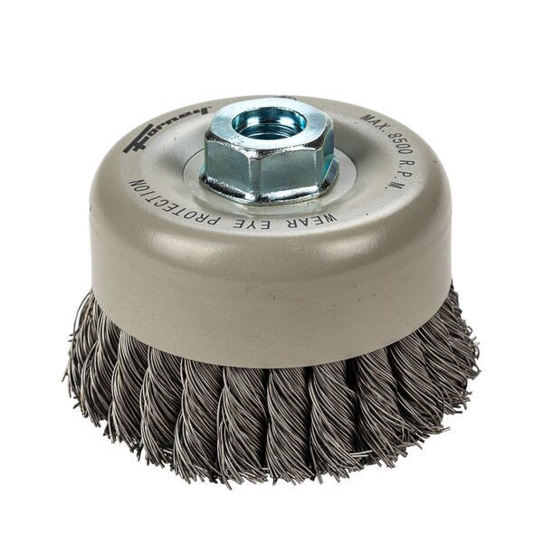 Forney Command PRO Cup Brush, Knotted, Double Row, 4 in x .020 in x 5/8 in-11 - 72868
