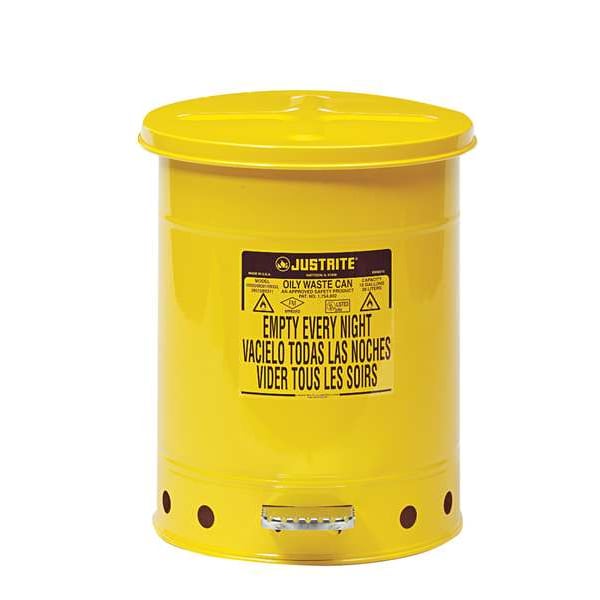 Justrite Oily Waste Can, 10 Gal., Steel, Yellow - 09301