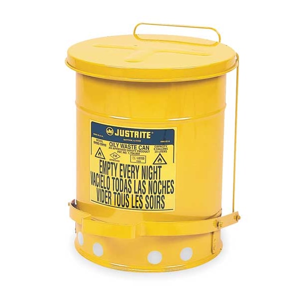 Justrite Oily Waste Can, 6 Gal., Steel, Yellow - 09101
