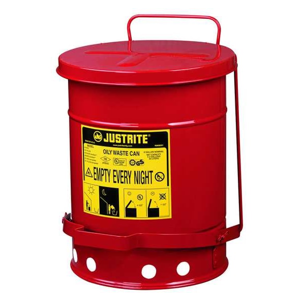 Justrite Oily Waste Can, 6 Gal., Steel, Yellow - 09101