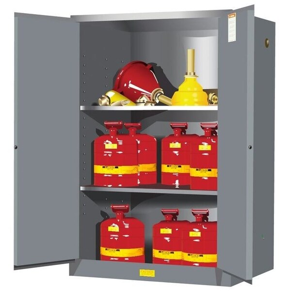 Justrite Flammable Liquid Safety Cabinet, 90 gal, 2 Shelves, Galvanized Steel, 43 in W x 65" H x 34 in D - 899003