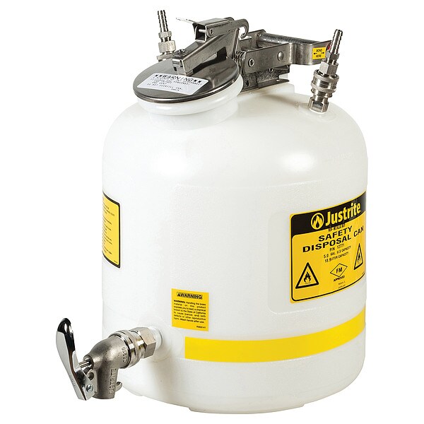 Justrite HPLC Waste Can, Polyethylene, 5 gal, White, 12 in Dia., Solvents - 12771