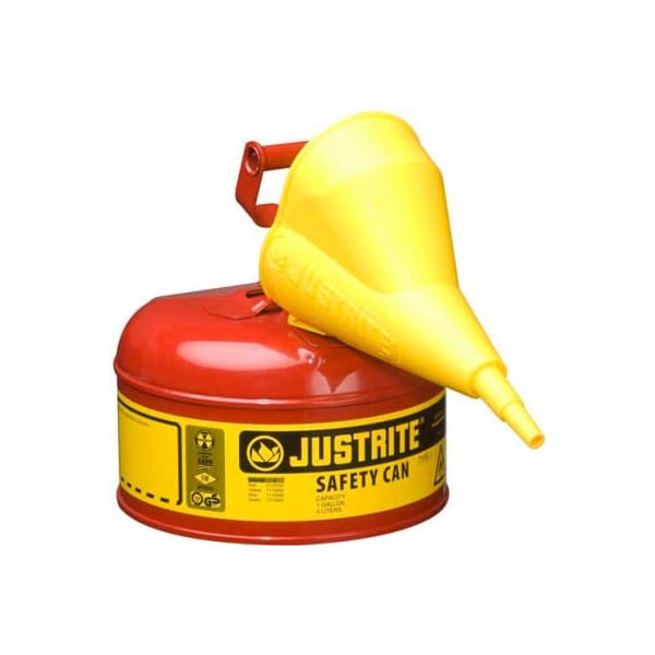 Justrite Safety Can, Steel/Polypropylene Funnel, 1 gal, Red, 9 1/2 in Dia. - 7110110