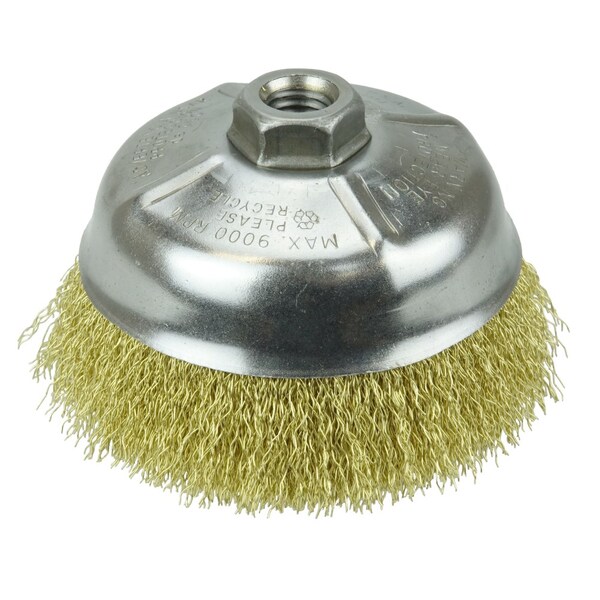 Weiler 5" Crimped Wire Cup Brush .014" Brass Fill 5/8"-11 UNC Nut - 14606