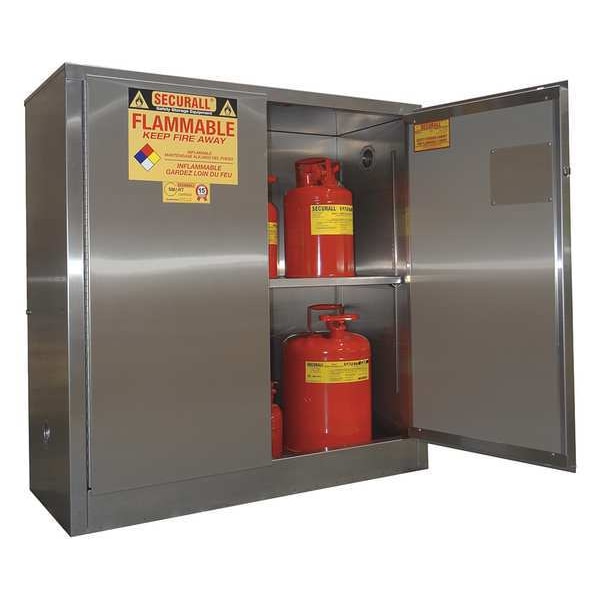Securall Stainless Steel Flammable Storage, 30 gal, 1 Shelves, Stainless Steel, 43 in W x 44 in H x 18 in D - A130-SS