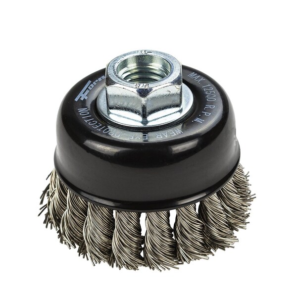 Forney Command PRO Cup Brush, Knotted, Stainless Steel, 2-3/4 in x .020 in x 5/8 in-11 - 72802