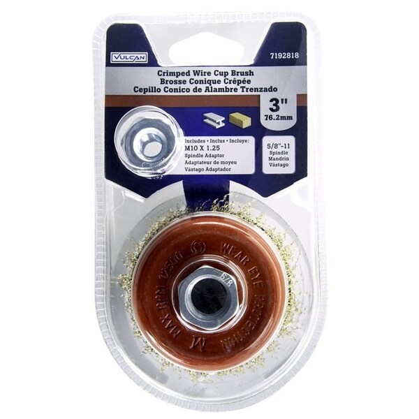 Vulcan Cup Wire Brush with Adapter, 3 in Dia, 5/8-11 Threaded Arbor, M10 x 1.25 in Arbor Adapter Arbor/Shank - 694261OR