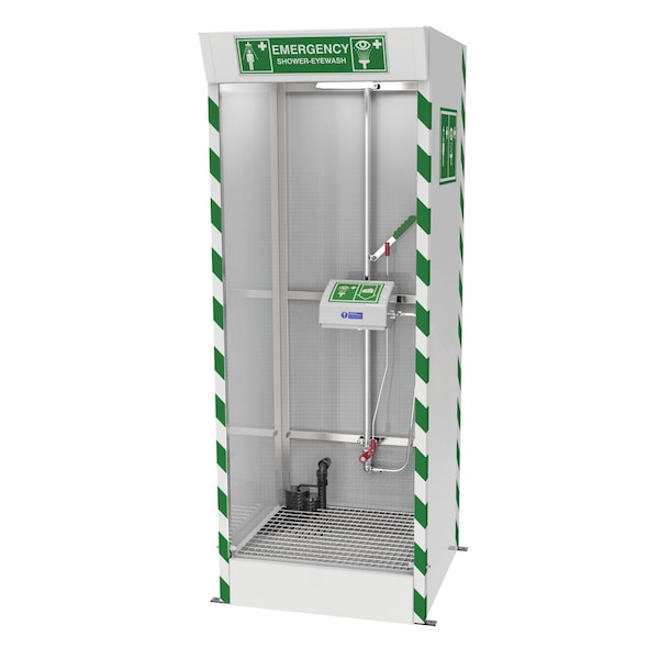 Hughes Safety Multi-Nozzle Decon Cubicle Shower, Acrylic Capped ABS Eyewash Bowl, Floor Mount, Pump - SD31K45G-PUMP