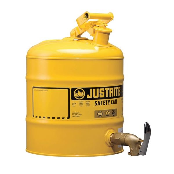 Justrite Safety Can, Steel, Brass, 5 gal, Yellow, 11 3/4 in Dia., Diesel - 7150250