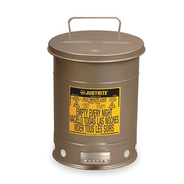 Justrite Oily Waste Can, 14 Gal., Steel, Silver - 09504