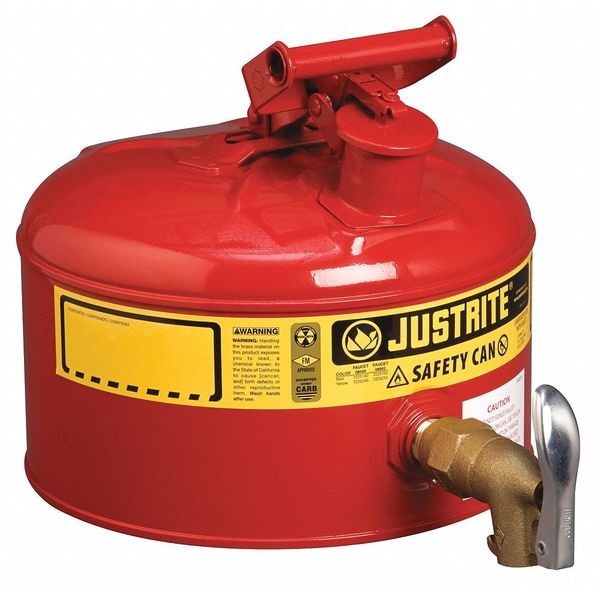 Justrite Safety Can, Galvanized Steel, 2.5 gal, Red, 11 3/4 in Dia., Flammables - 7225150