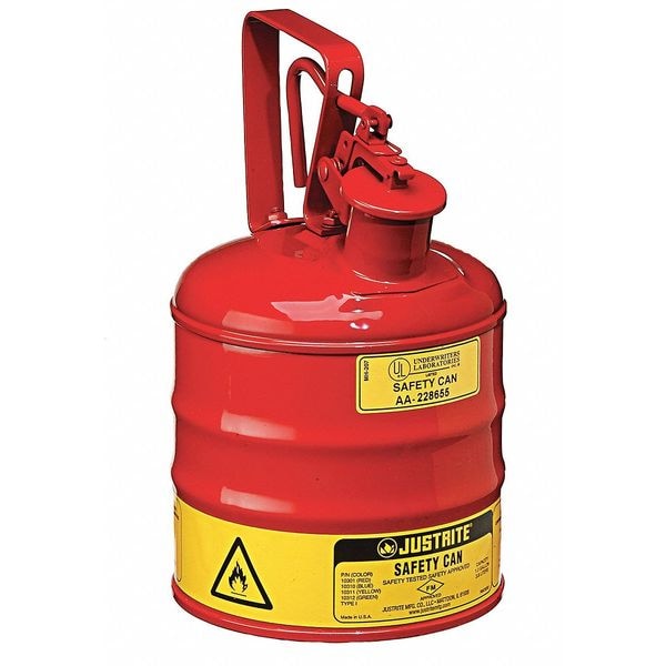 Justrite Safety Can, Steel, 1 gal, Red, 7 1/4 in Dia., Flammables - 10301