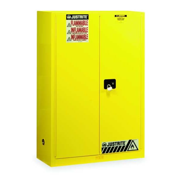 Justrite Flammables Safety Cabinet, Sure-Grip, Steel, 45 Gallon, 2 Shelves, 2 Doors, Manual Close, Yellow - 894500
