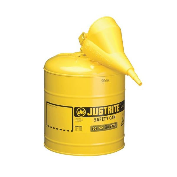 Justrite Safety Can, Polypropylene, Steel, 5 gal, Yellow, 11 3/4 in Dia., Diesel - 7150210