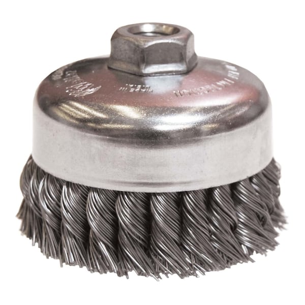 Weiler 4" Single Row Knot Wire Cup Brush. .014" Steel Fill 5/8"-11 UNC Nut - 12306