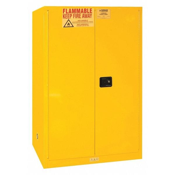 Durham Mfg Flammables Safety Cabinet, 90 gal, 2 Shelves, Steel, 43 in W x 65 in H x 34 in D, Yellow - 1090M-50