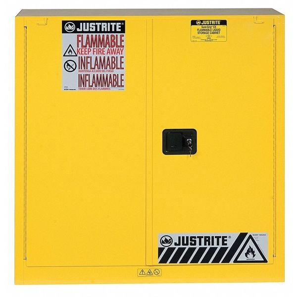Justrite Flammables Safety Cabinet, 40 gal, 3 Shelves, Steel, 43 in W x 44 in H x 18 in D, Yellow - 893030