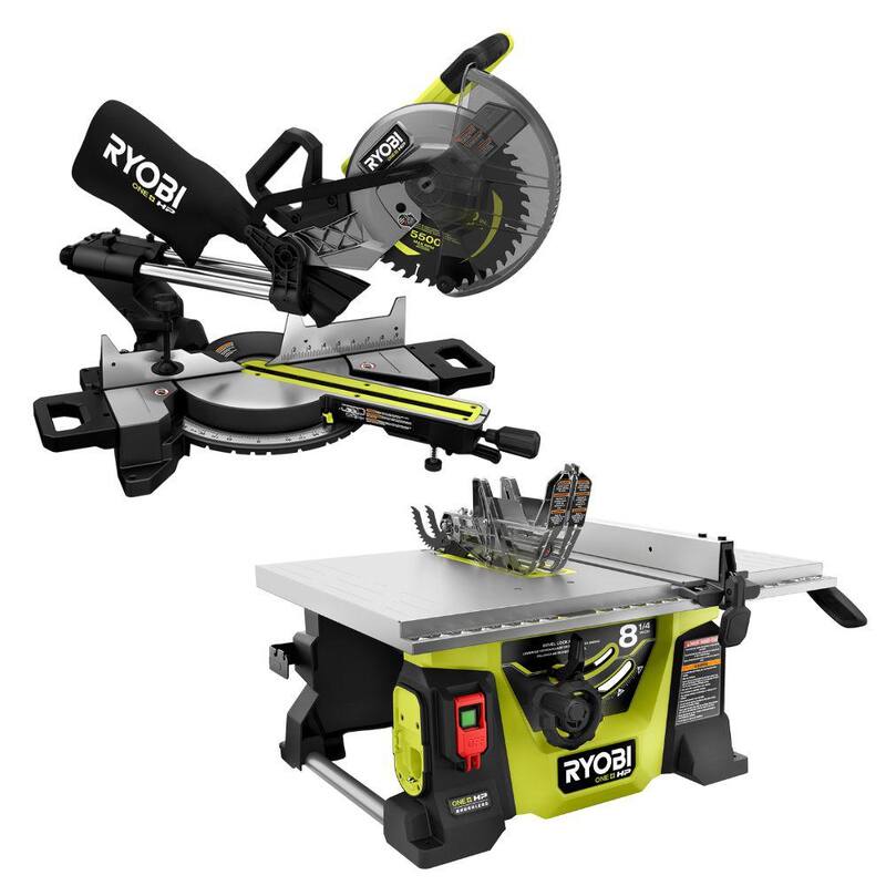 RYOBI ONE+ HP 18V Brushless Cordless 2-Tool Combo Kit with Miter Saw and Compact Portable Jobsite Table Saw (Herramientas Solamente) - PBLMS01B-PBLTS01B