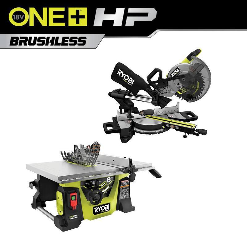 RYOBI ONE+ HP 18V Brushless Cordless 2-Tool Combo Kit with Miter Saw and Compact Portable Jobsite Table Saw (Herramientas Solamente) - PBLMS01B-PBLTS01B