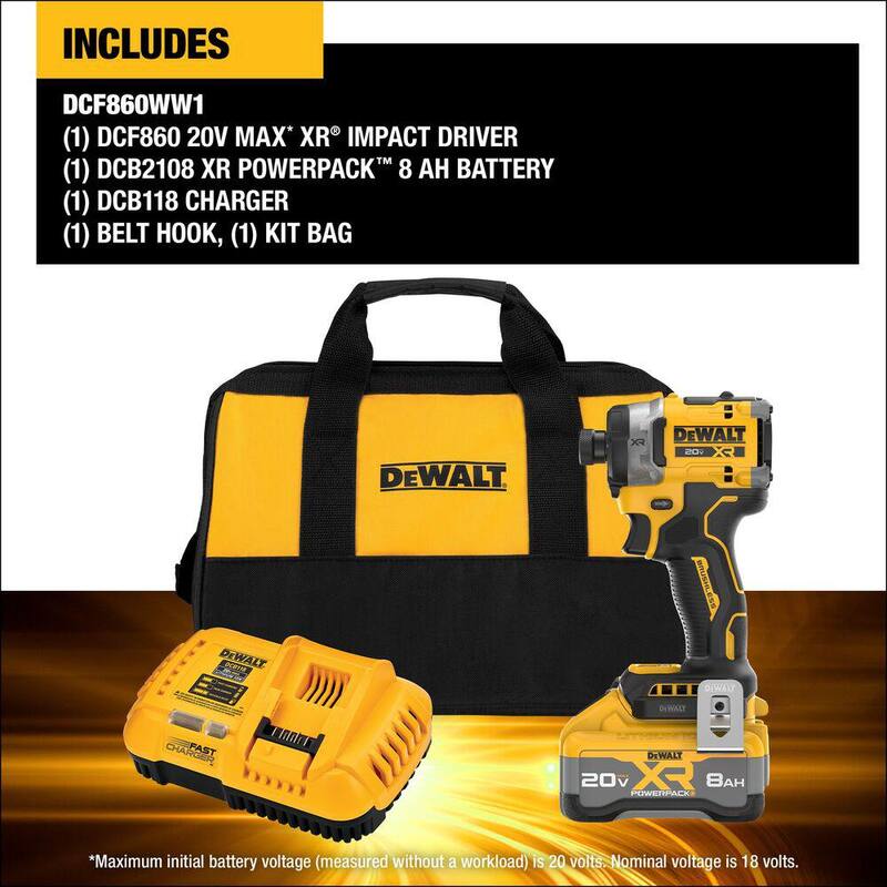 Juego de taladro de impacto inalámbrico DEWALT 20V MAX de 1/4 de pulgada con batería de 8 Ah y cargador - DCF860WW1