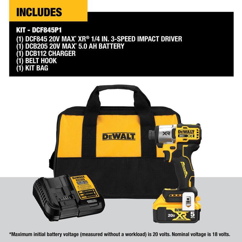 Juego de Impact Driver inalámbrico sin escobillas de 1/4 de pulgada y 3 velocidades DEWALT 20-Volt Maximum XR con batería de 5.0 Ah, cargador y bolsa - DCF845P1