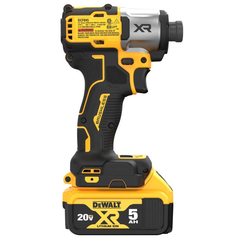 Juego de Impact Driver inalámbrico sin escobillas de 1/4 de pulgada y 3 velocidades DEWALT 20-Volt Maximum XR con batería de 5.0 Ah, cargador y bolsa - DCF845P1