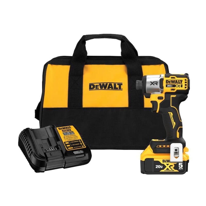 Juego de Impact Driver inalámbrico sin escobillas de 1/4 de pulgada y 3 velocidades DEWALT 20-Volt Maximum XR con batería de 5.0 Ah, cargador y bolsa - DCF845P1