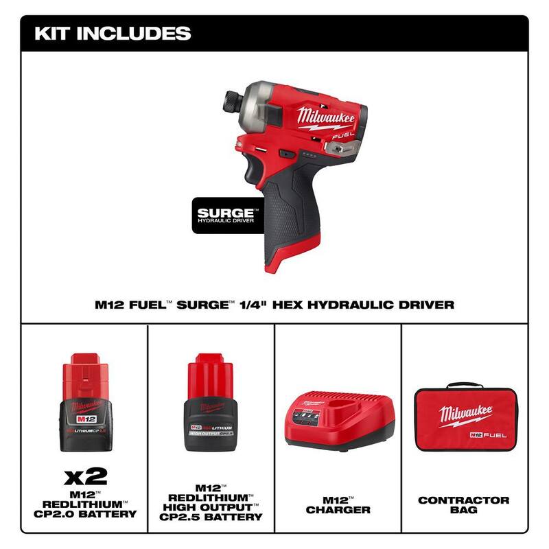 Milwaukee M12 FUEL SURGE 12V Lithium-Ion Brushless Cordless 1/4 in. Hex Impact Driver Kit con paquete de batería CP High Output 2.5 Ah - 2551-22-48-11-2425