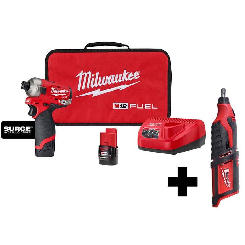 Milwaukee M12 FUEL SURGE Juego Compacto de Destornillador de Impacto Inalámbrico sin Cepillo de Litio de 12V y 1/4 de pulgada Hexagonal con Herramienta Rotativa M12 - 2551-22-2460-20